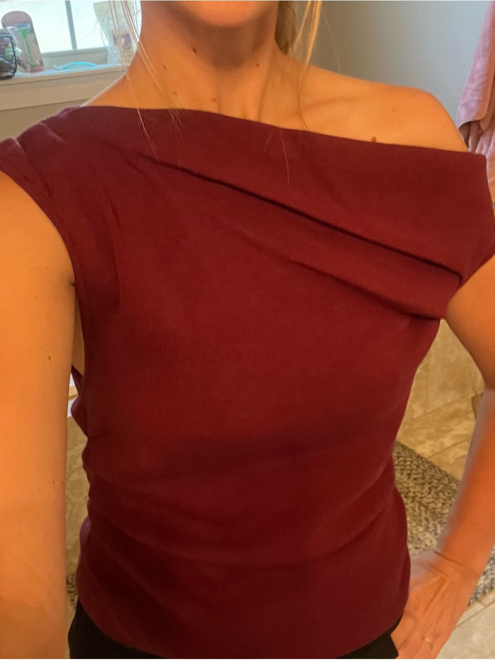 Le Lis One-Shoulder Folded Neck Wine Red Top